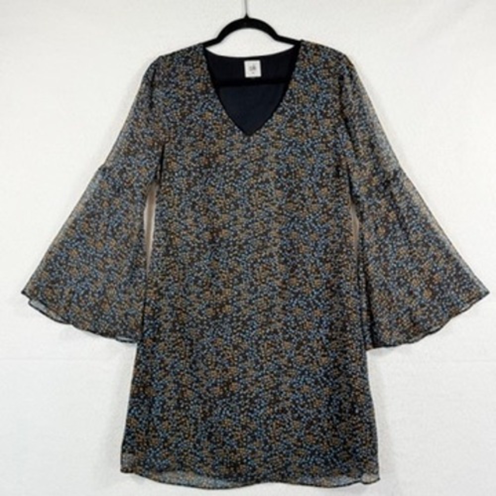 Cabi Bell Sleeve Dress Womens XS Blue Floral V-Neck Boho Cottagecore Whimsigoth - Picture 1 of 8